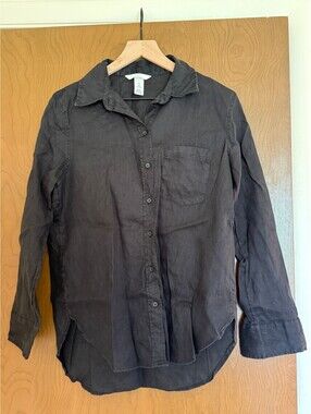 H&M 100% Linen Oversize Button Down Shirt Black Dark Academia Minimalist Grunge